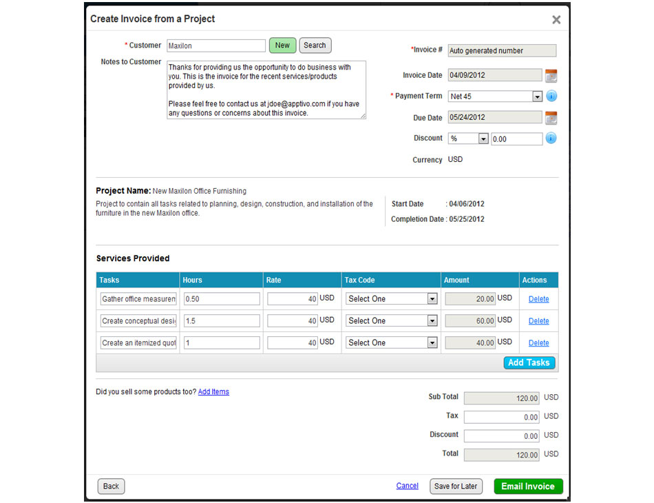 How can I bill a customer for hours tracked in a project? | Apptivo